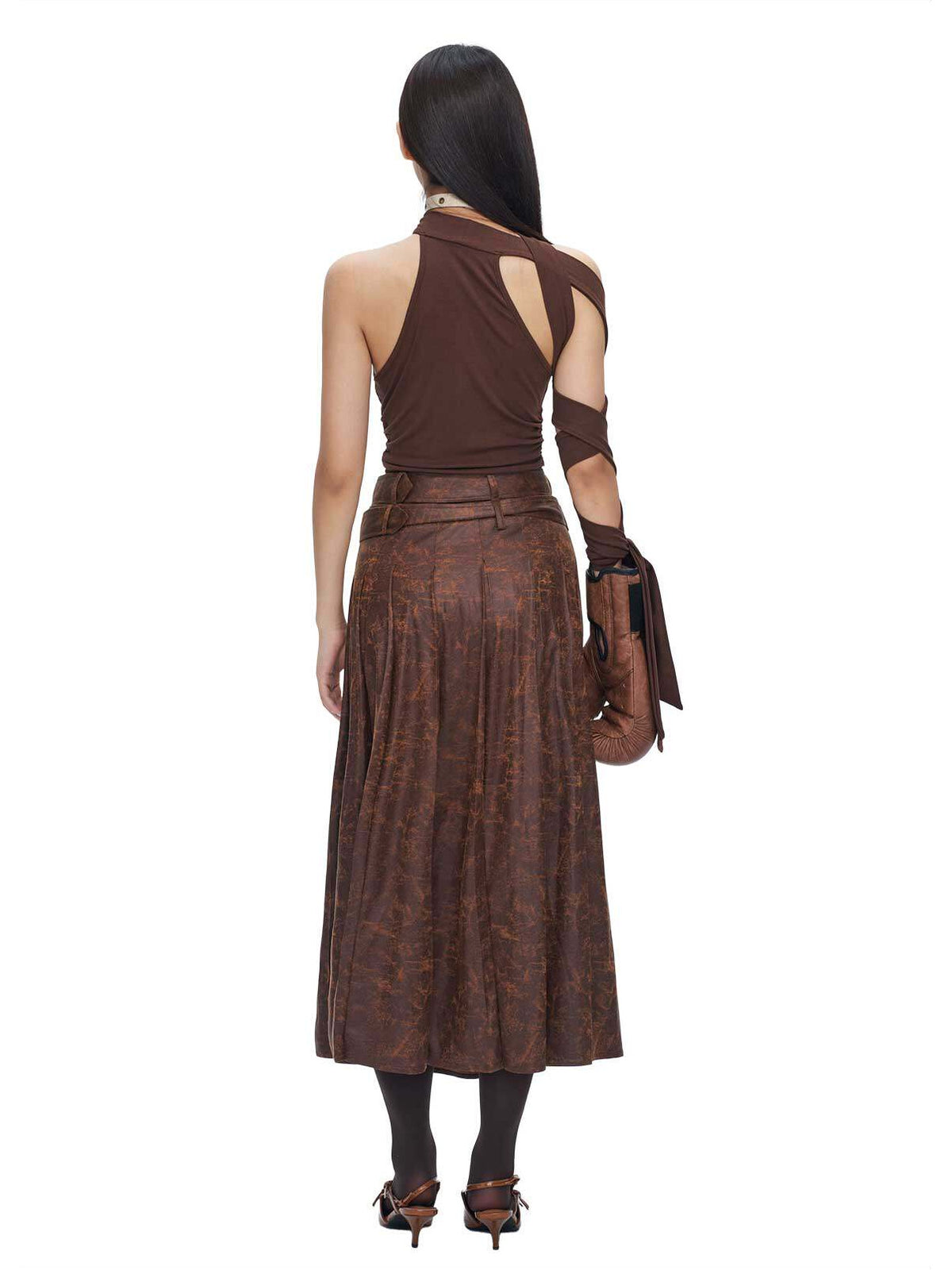 Brown pleated wrap maxi skirt modeled back view