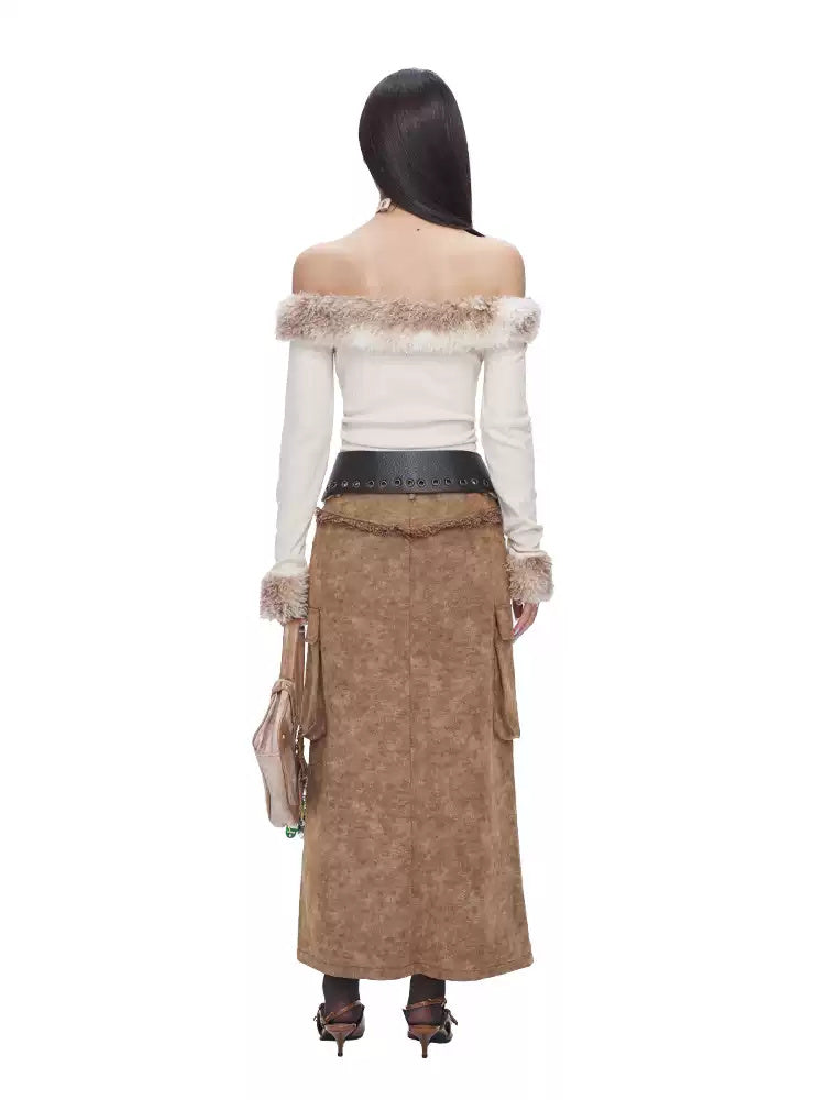 Back view of NEXT PASSPORT brown raw-edge slit denim maxi skirt