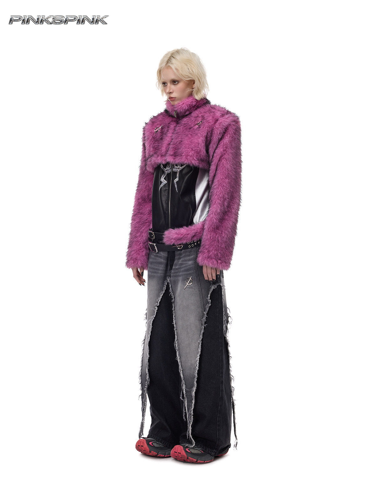 PINKSPINK ELECTRIC MOON gradient faux-fur cropped jacket — full-length modeled view styled with dark wide-leg jeans