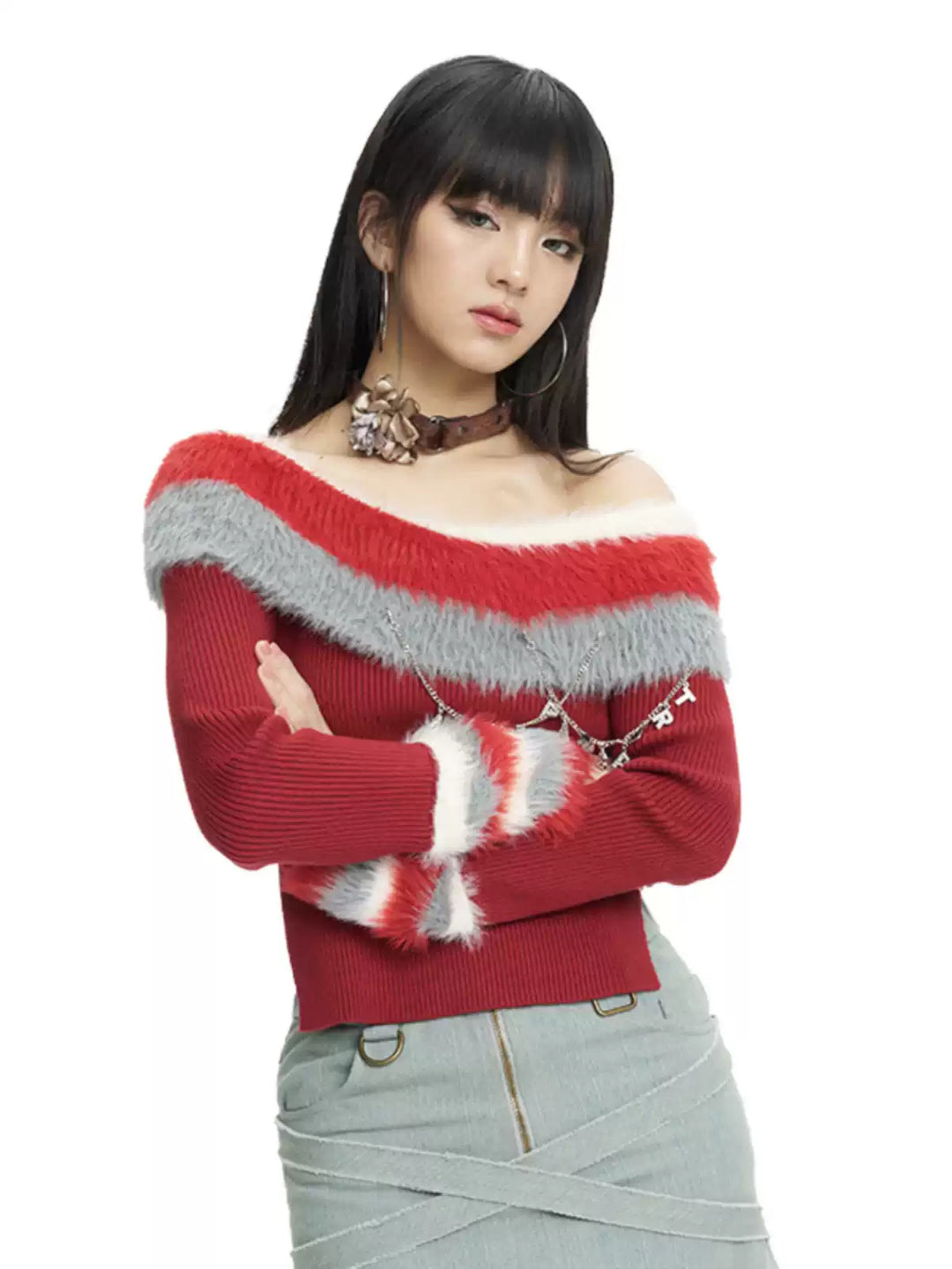 Next Passport red off-shoulder knit pullover crossed-arm view