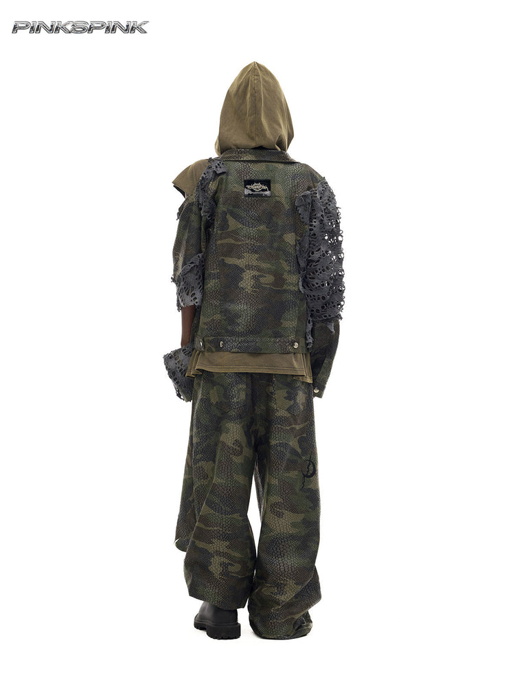 PINKSPINK ELECTRIC MOON distressed camouflage denim jacket — back full-length modeled view with an olive hood