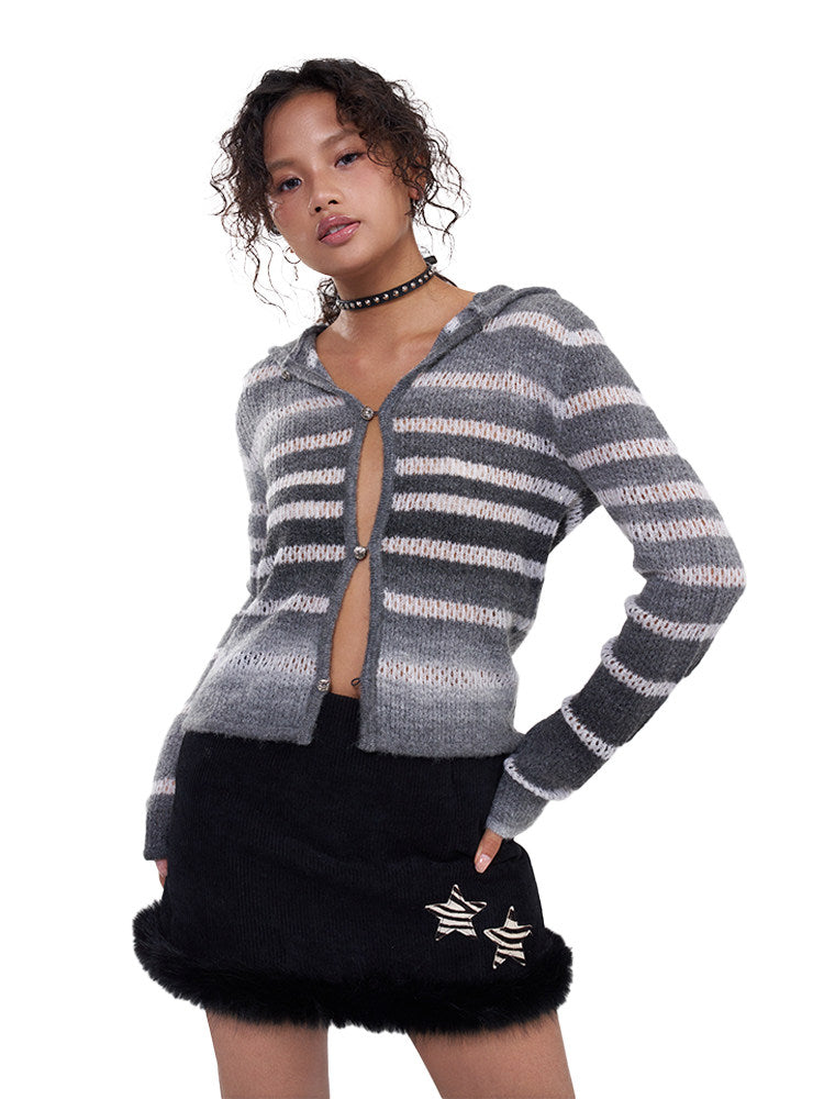 Close front view of the fitted gray-white striped knit cardigan and hood