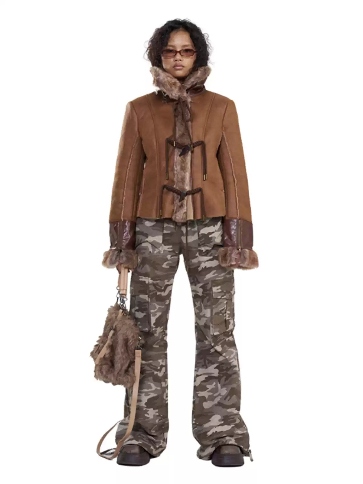 NEXT PASSPORT dark-brown rope-toggle shearling cropped jacket, full-length front studio look