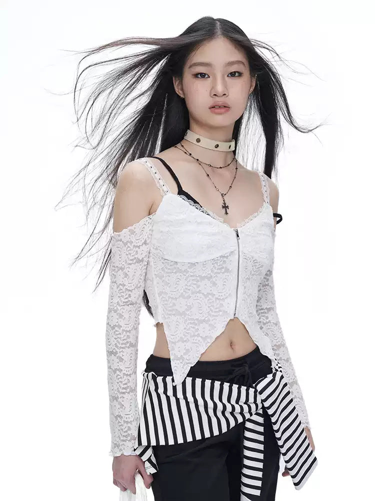NEXT PASSPORT white lace off-shoulder zip crop top — three-quarter studio view