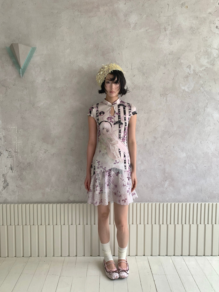 4RE1GN PURPLE MOOD mandarin-collar dress in multicolor — full-length front modeled view beside a wall