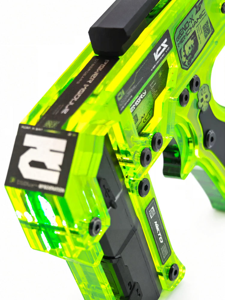 FOCKSHOP REBORN illuminated blaster prop — neon-green body close-up showing layered panels and fasteners