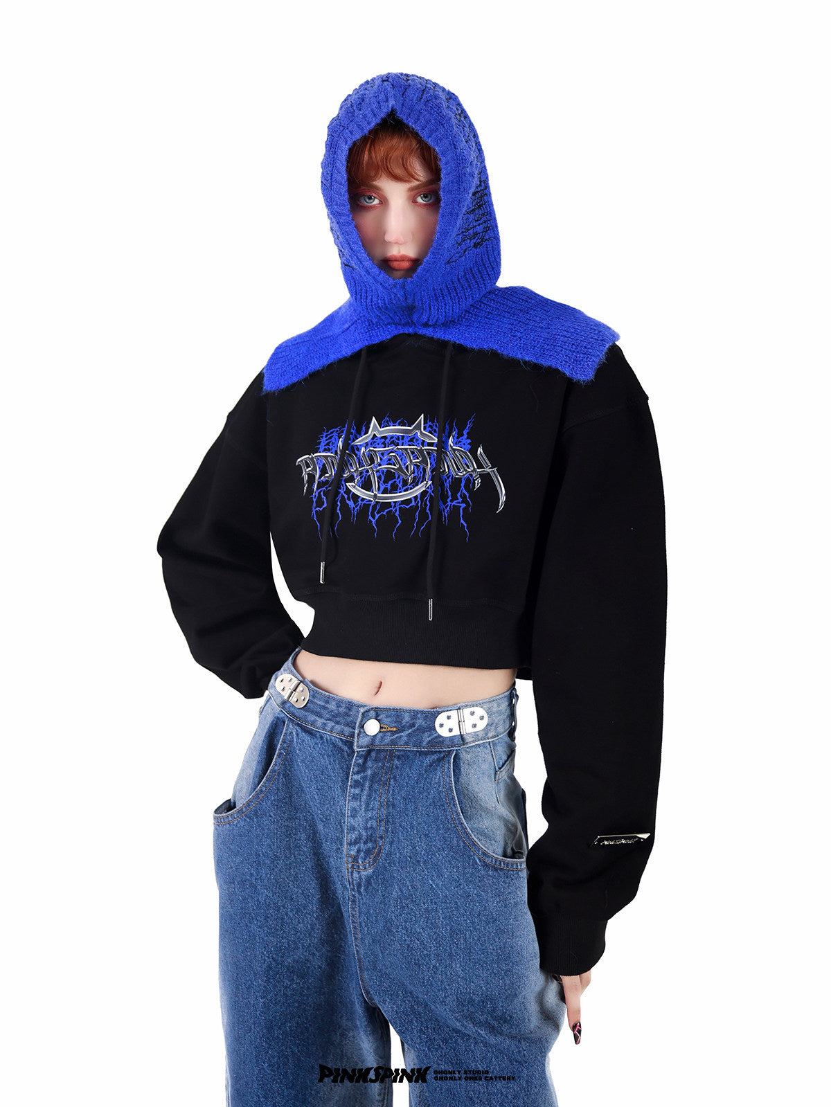 PINKSPINK ELECTRIC THORN embroidered knit balaclava in Klein blue — front modeled view with a cropped graphic black hoodie