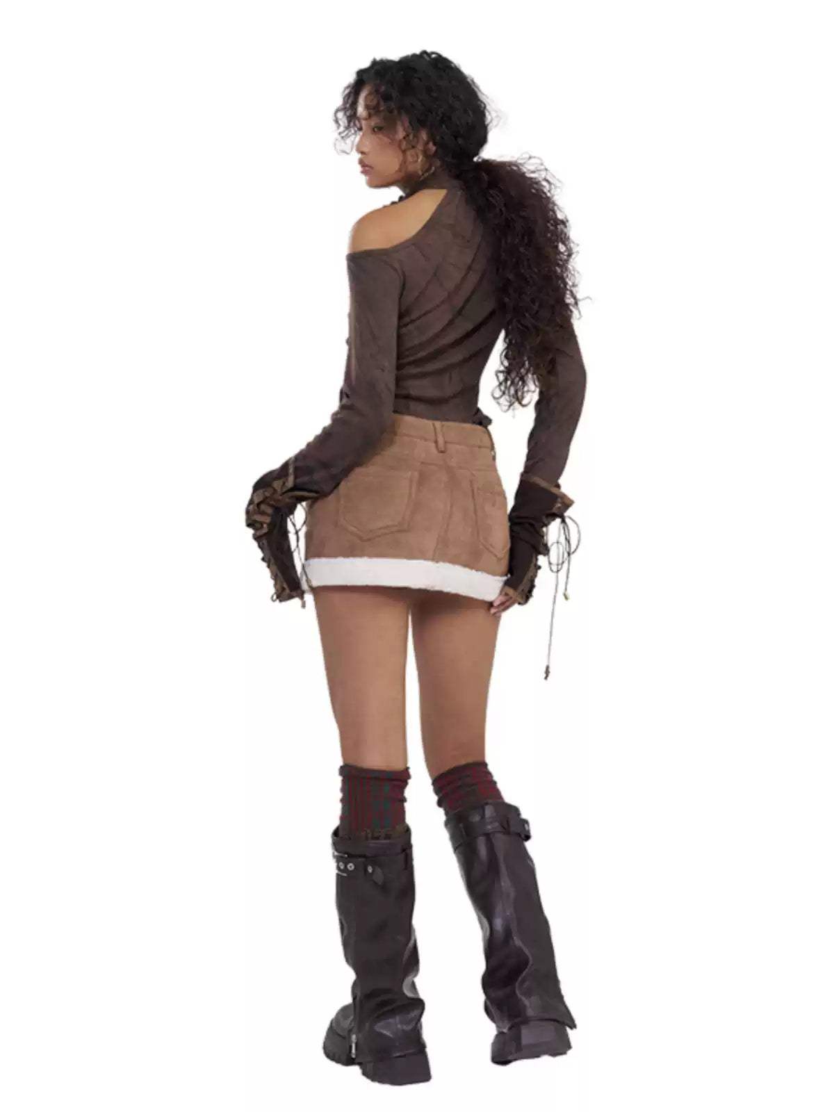 NEXT PASSPORT brown faux-shearling mini skirt, full-length back studio view
