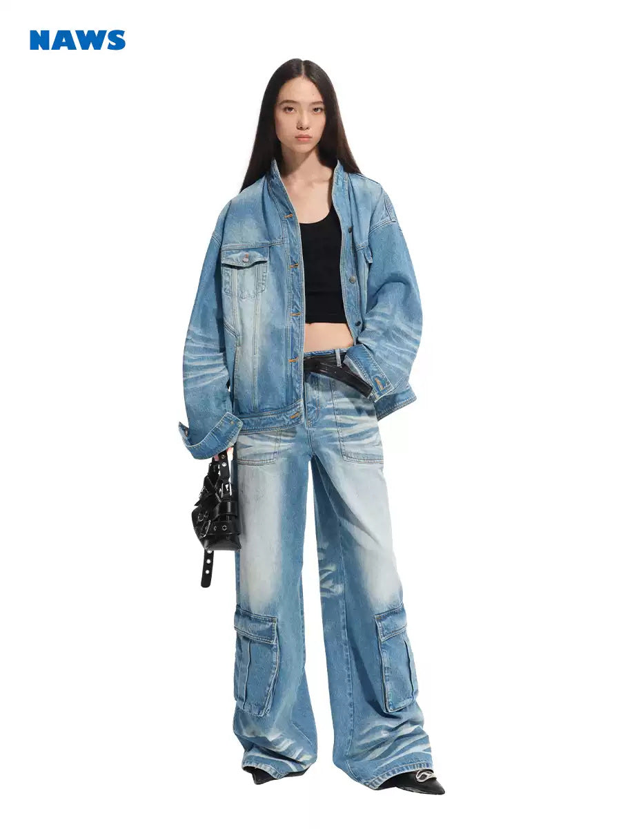 NAWS GRAVEL washed denim cargo jeans — view 3