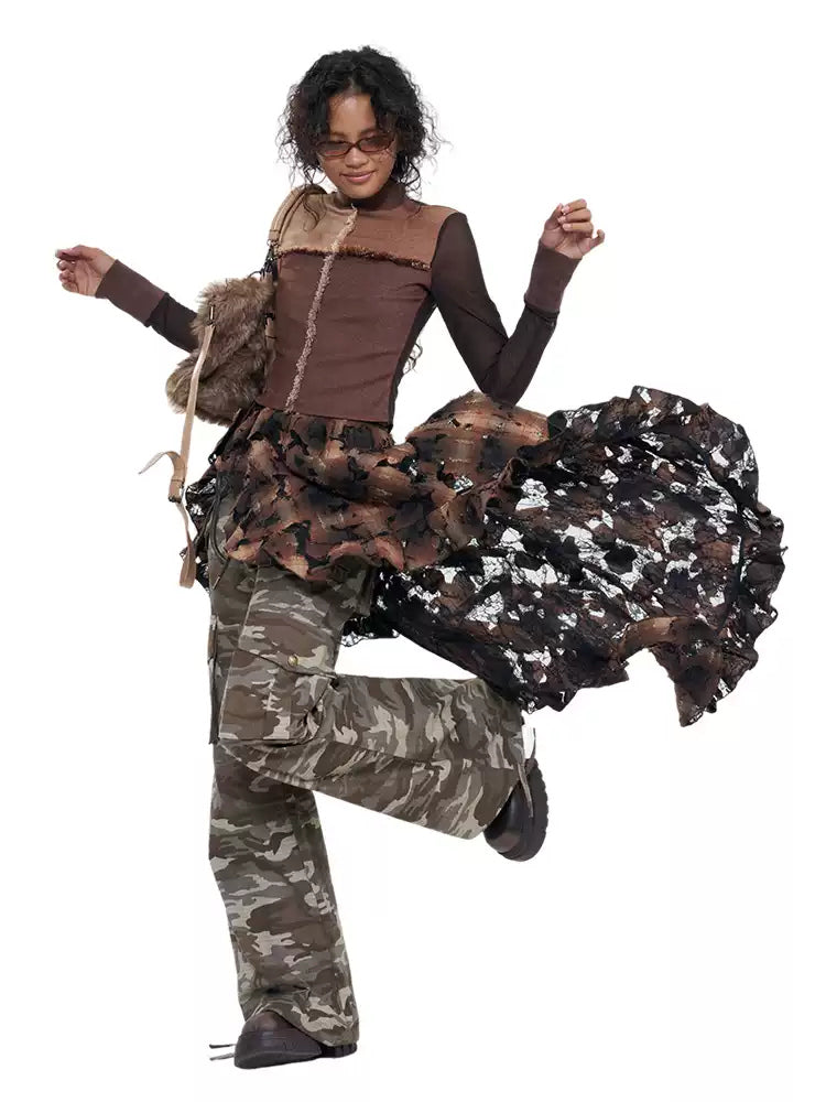 NEXT PASSPORT distressed plaid lace skirt overlay — dynamic full-length styling view.