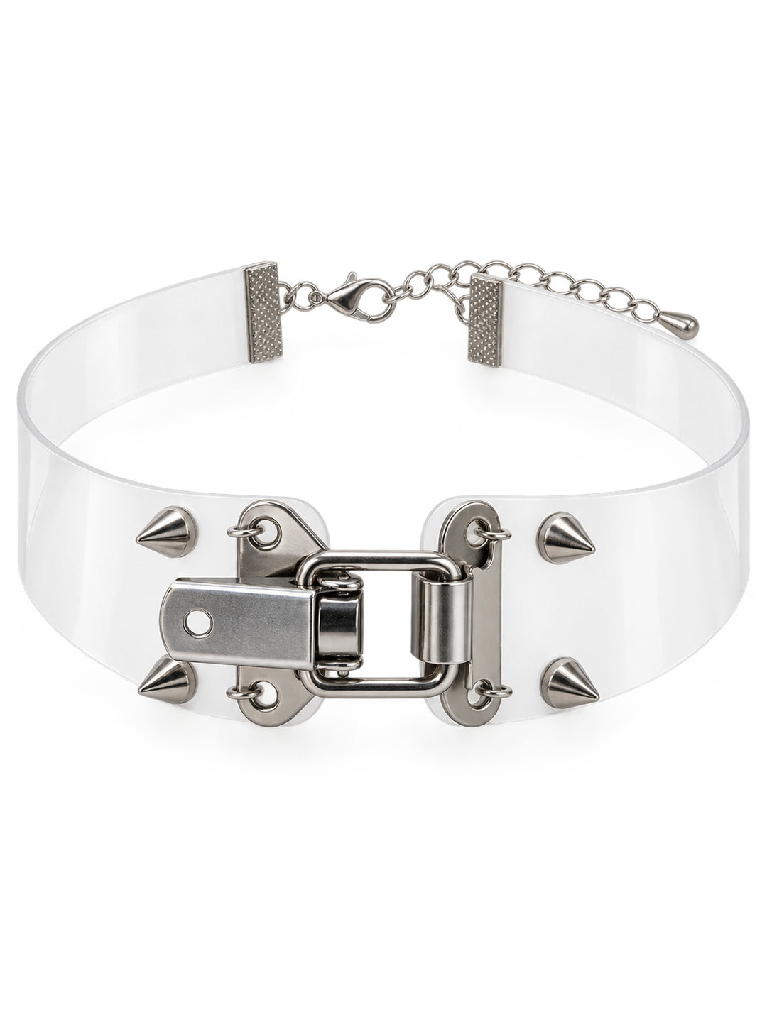 ALISA01 translucent choker on white showing its front latch, four conical studs and rear clasp chain.