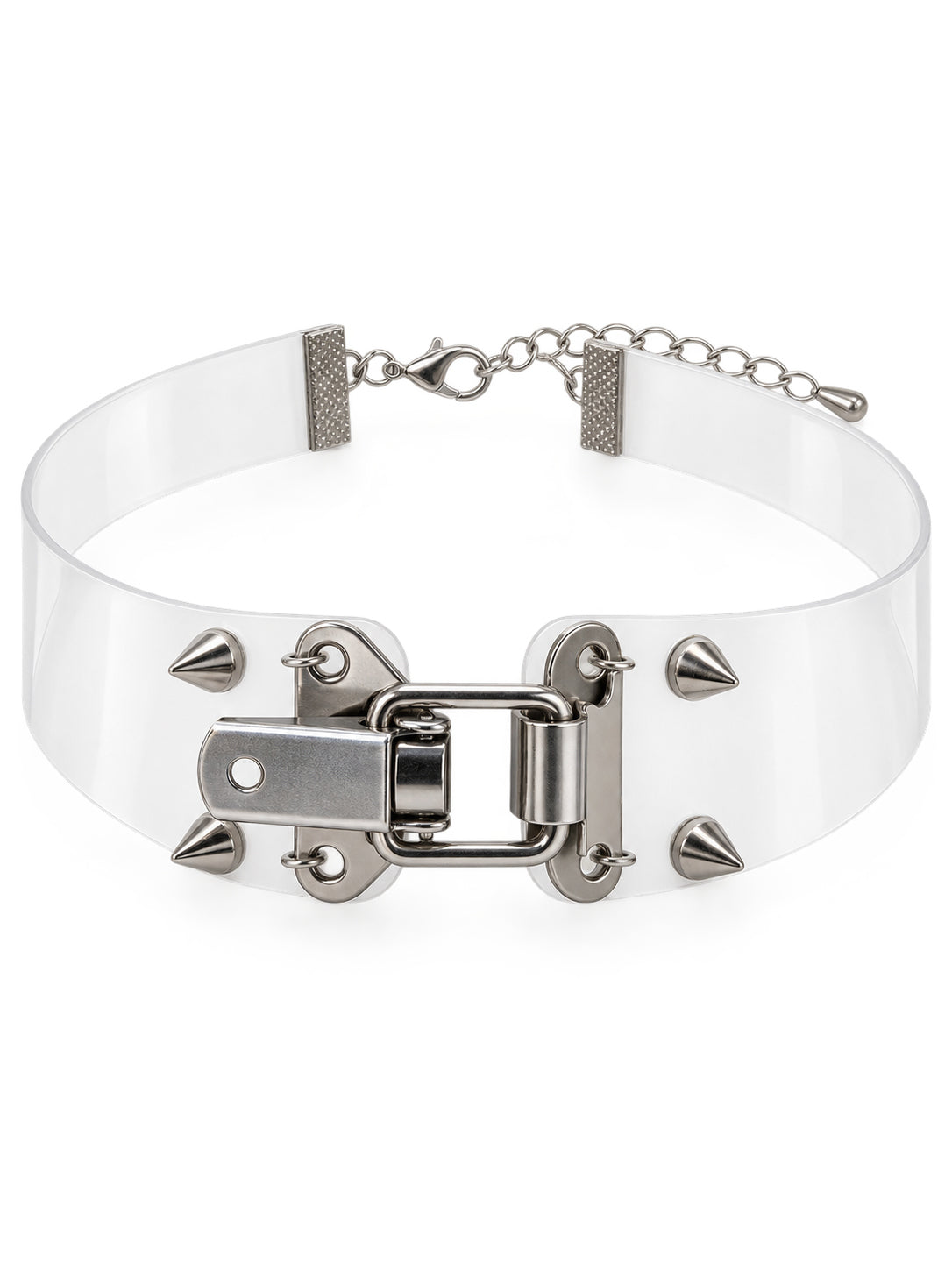 ALISA01 translucent choker on white showing its front latch, four conical studs and rear clasp chain.