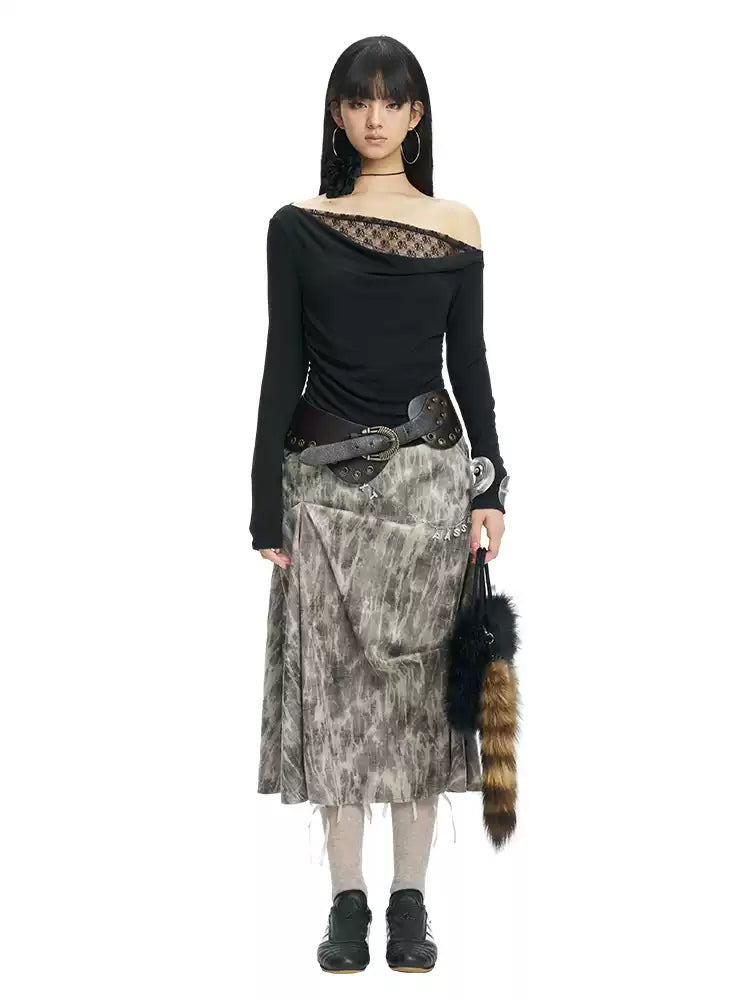 NEXT PASSPORT black lace-trim off-shoulder long-sleeve top — full-length front view on white.
