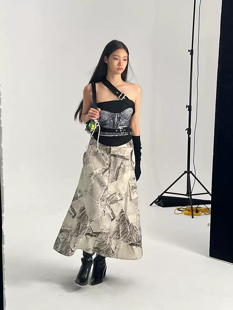 NEXT PASSPORT black-white denim-print maxi skirt — front full-length studio view