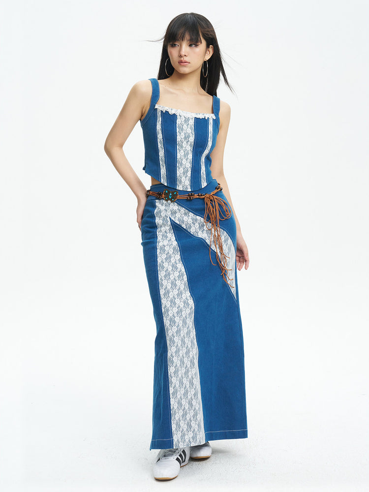 NEXT PASSPORT blue lace-panel denim midi skirt — angled lookbook view.
