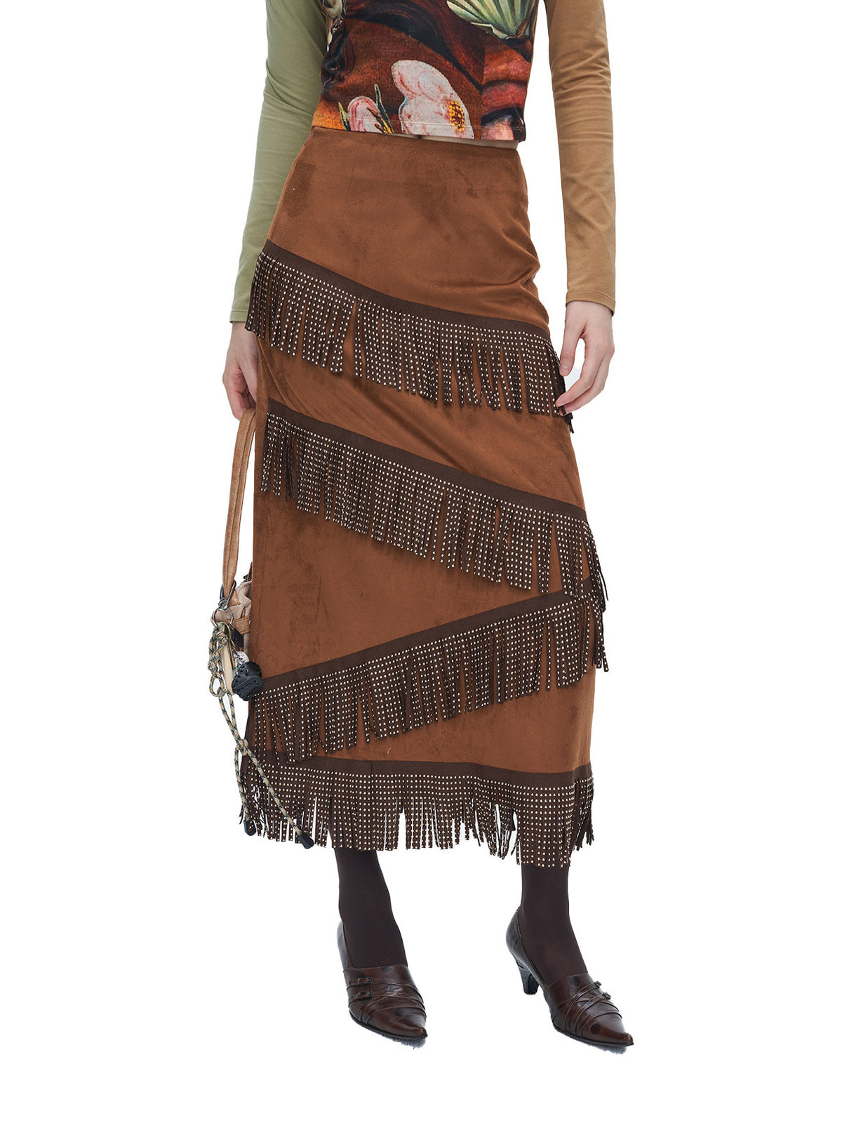 NEXT PASSPORT brown faux-suede fringe maxi skirt modeled three-quarter view