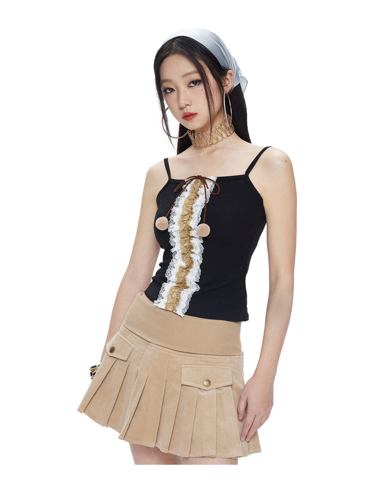 Chestnut cream corduroy pleated mini skirt modeled detail