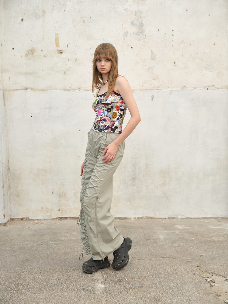 NEXT PASSPORT three-color ruched drawstring wide-leg pants in gray green, side view