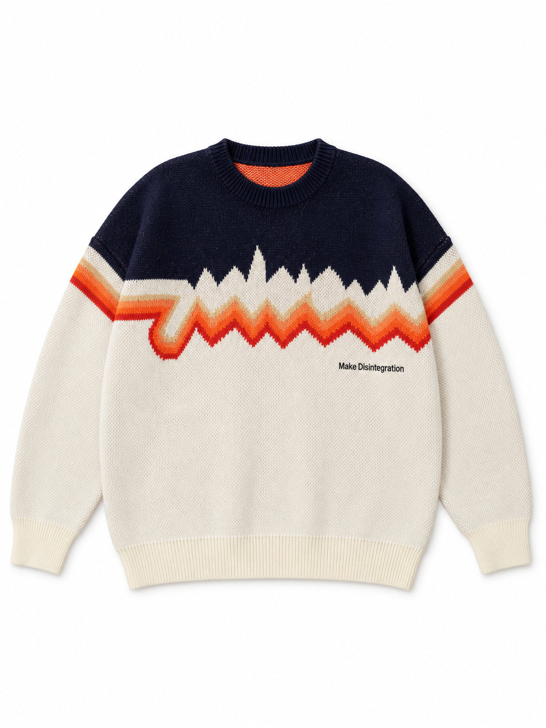 Front flat lay of the Make Disintegration sweater showing the orange zigzag pattern and small chest lettering.