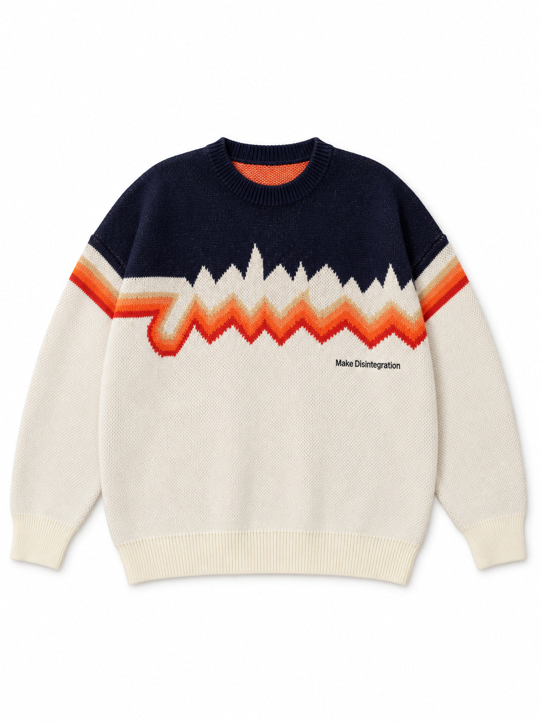 Front flat lay of the Make Disintegration sweater showing the orange zigzag pattern and small chest lettering.