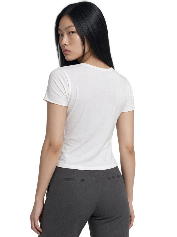 Modeled back view of the white Alien Butterfly Fairy tee showing the plain back.