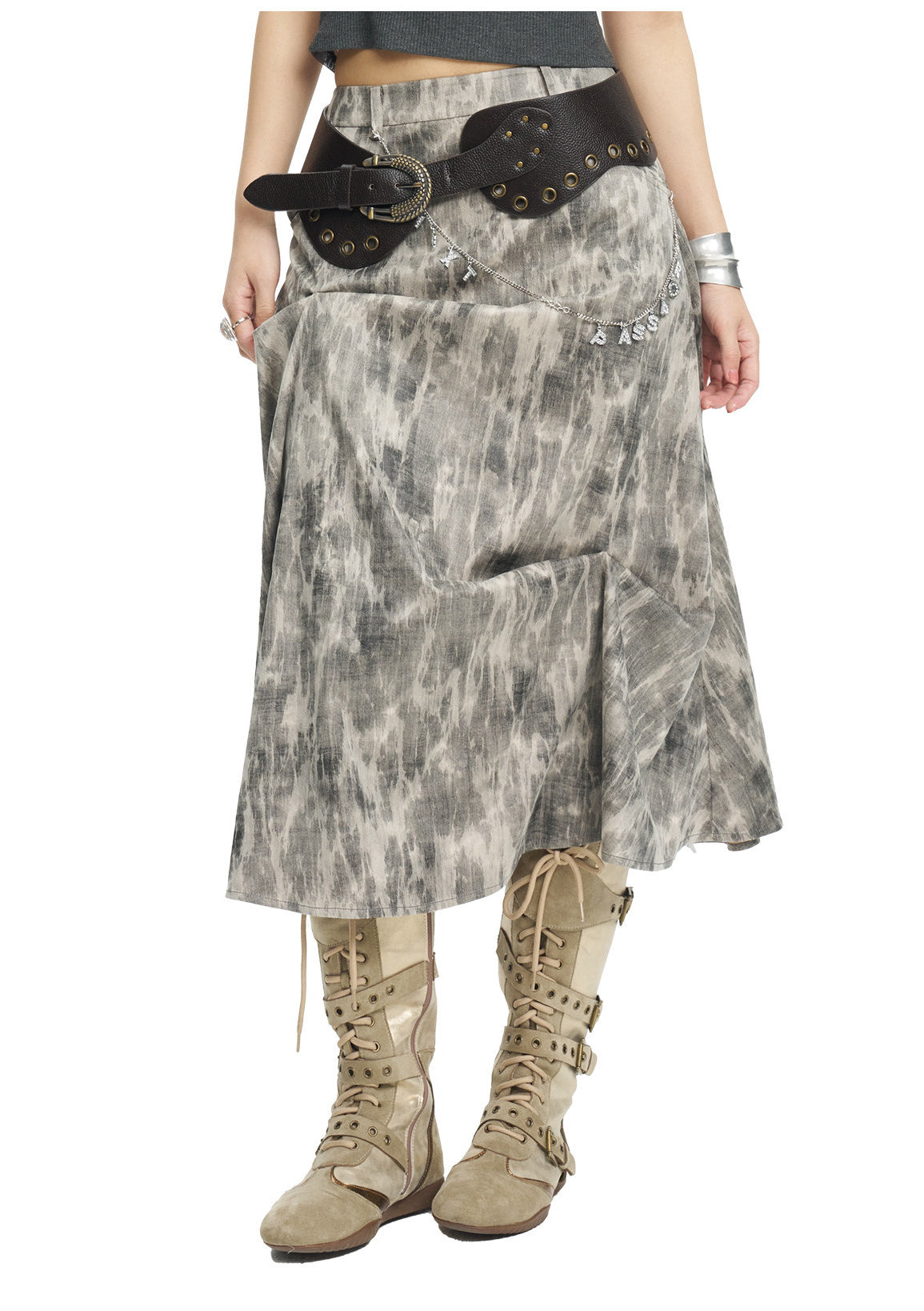 NEXT PASSPORT gray crinkled-print midi skirt close front styling view.