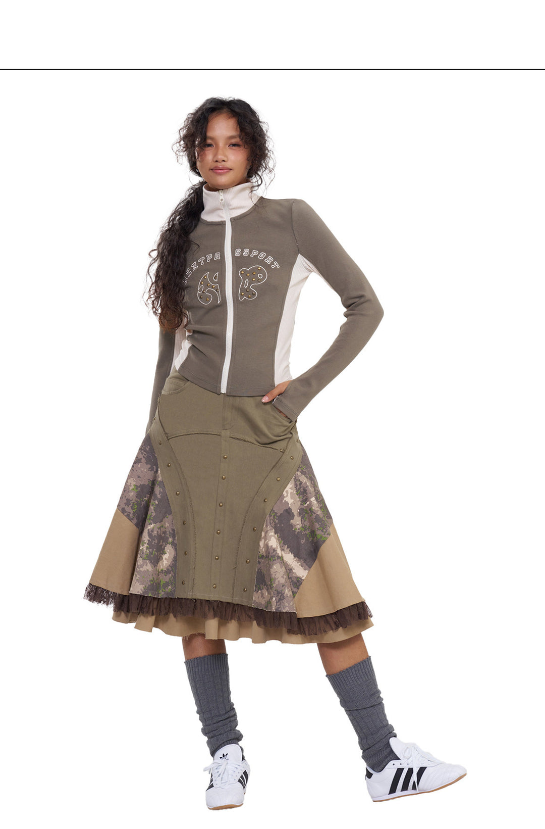NEXT PASSPORT camouflage three-panel flared midi skirt, full-length front view