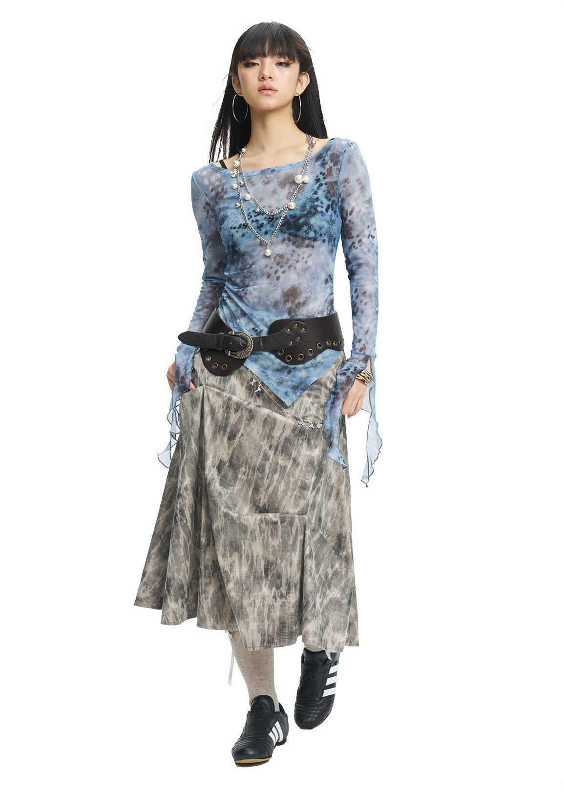 NEXT PASSPORT blue-gray printed mesh asymmetric long-sleeve top, full-length alternate view