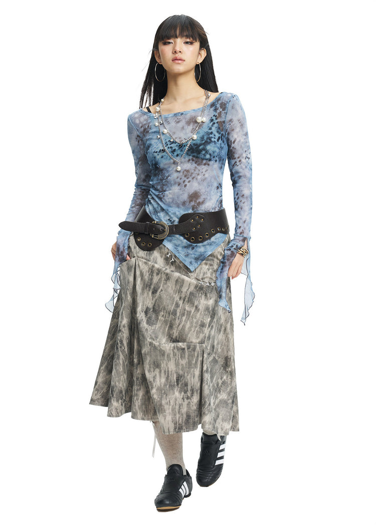 NEXT PASSPORT blue-gray printed mesh asymmetric long-sleeve top, full-length alternate view