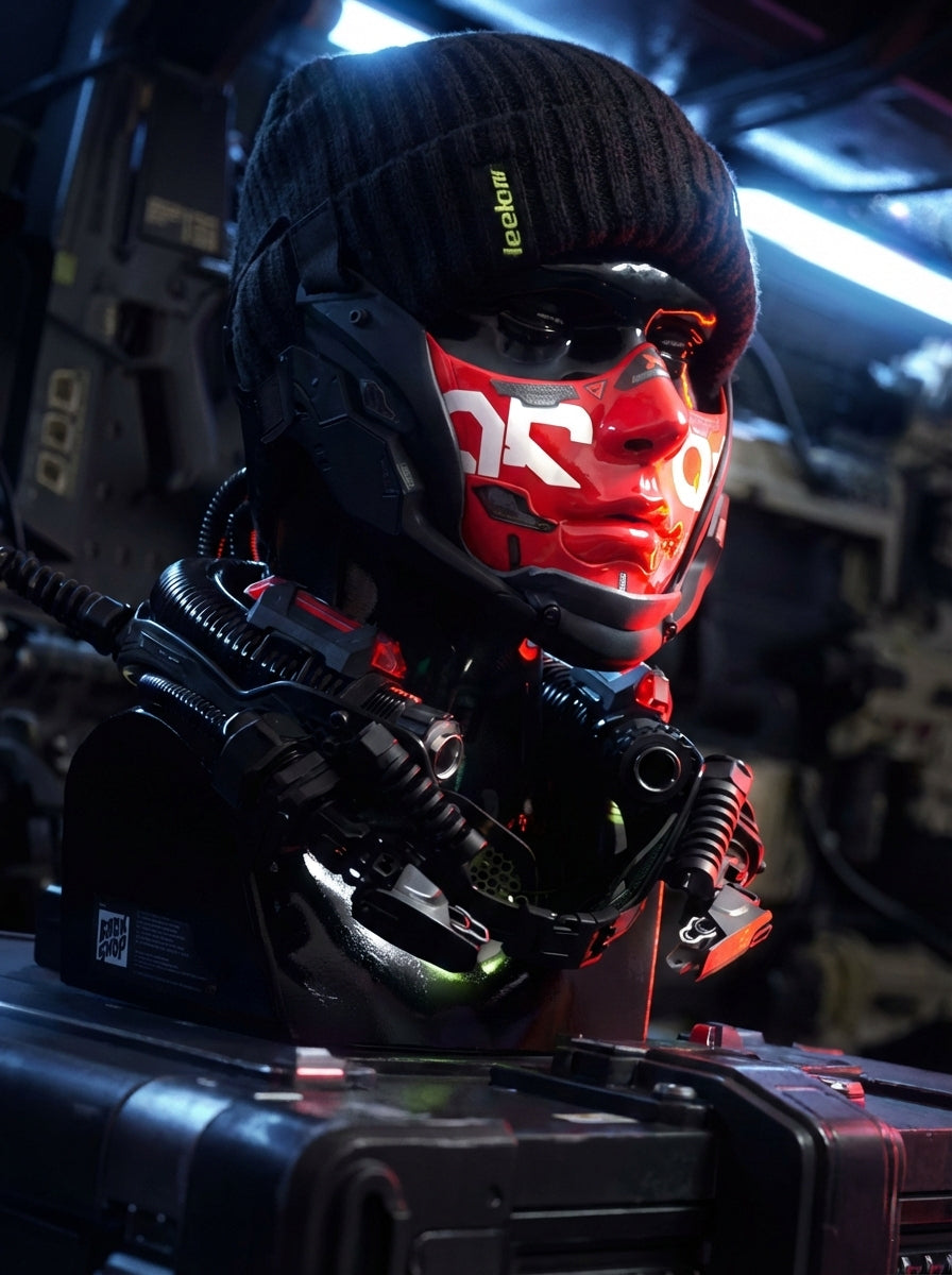 FOCKSHOP smooth-chin mask — red model worn with a black helmet in a close-up portrait.