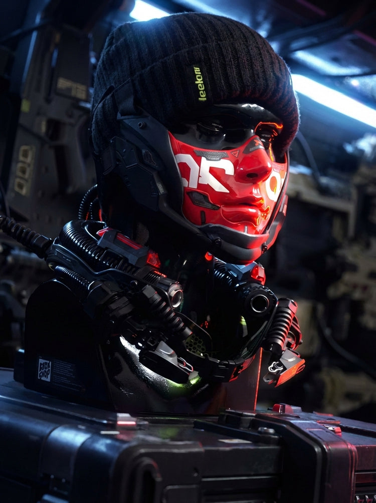 FOCKSHOP smooth-chin mask — red model worn with a black helmet in a close-up portrait.