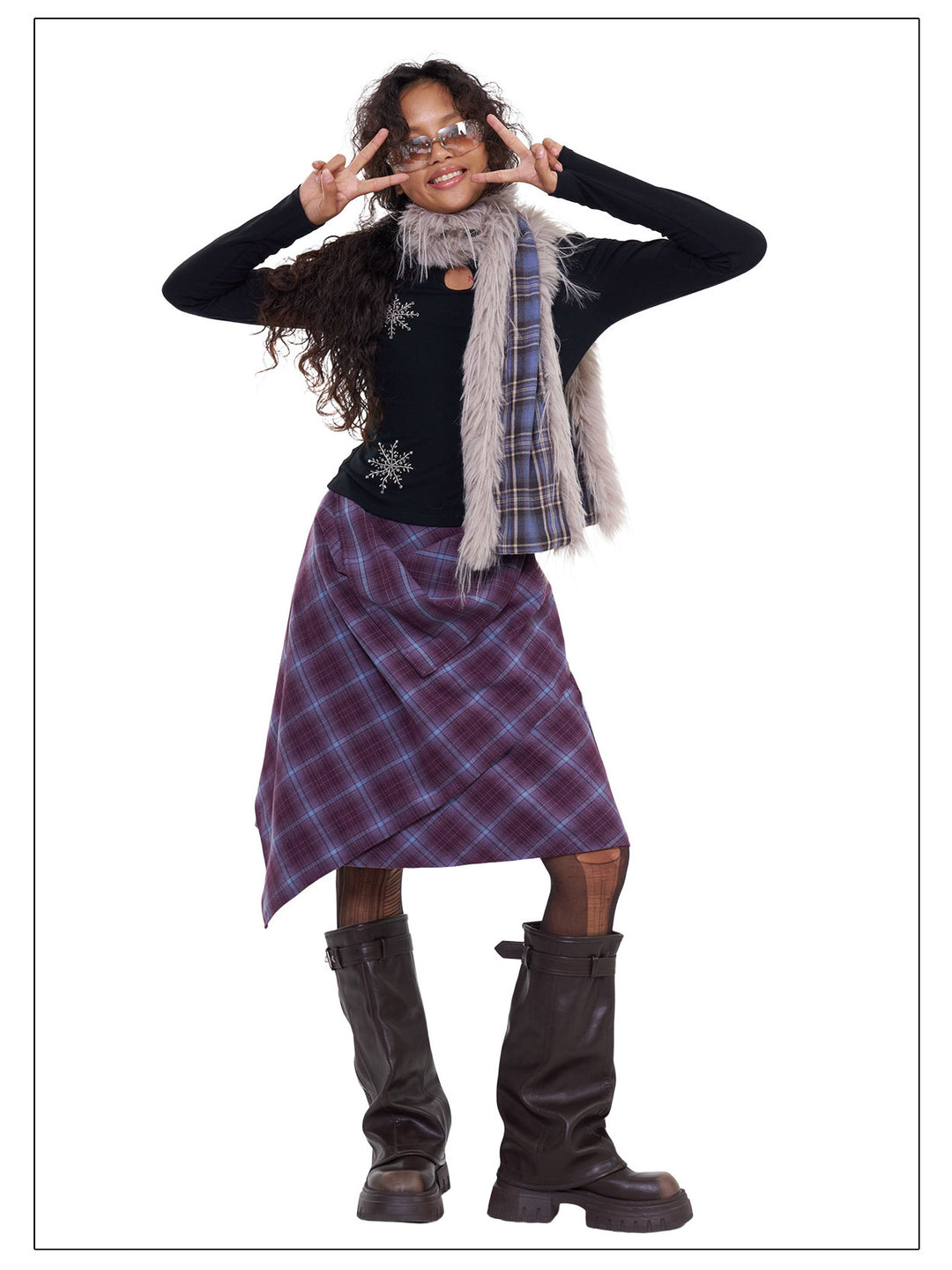 NEXT PASSPORT purple plaid wrap-panel midi skirt front view