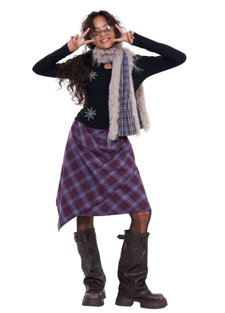 NEXT PASSPORT purple plaid wrap-panel midi skirt front view