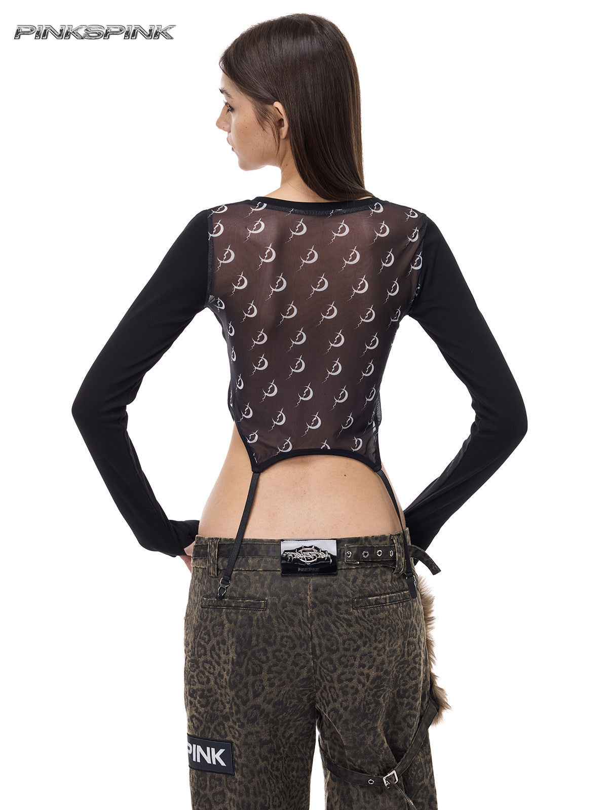 PINKSPINK ELECTRIC MOON reconstructed mesh tee — back modeled view showing the patterned mesh and shaped hem