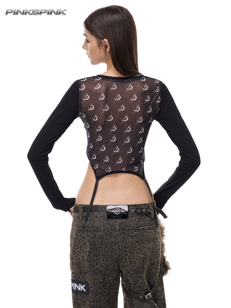 PINKSPINK ELECTRIC MOON reconstructed mesh tee — back modeled view showing the patterned mesh and shaped hem