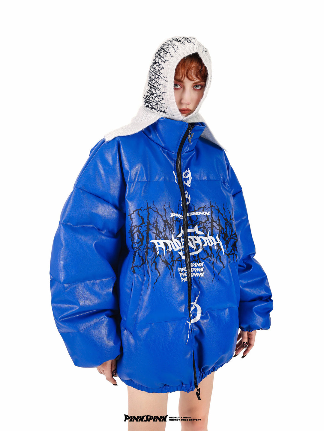 PINKSPINK ELECTRIC THORN embroidered knit balaclava in white — three-quarter modeled view styled with a blue puffer