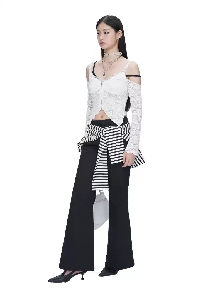 NEXT PASSPORT black striped wrap-panel flared pants waist detail