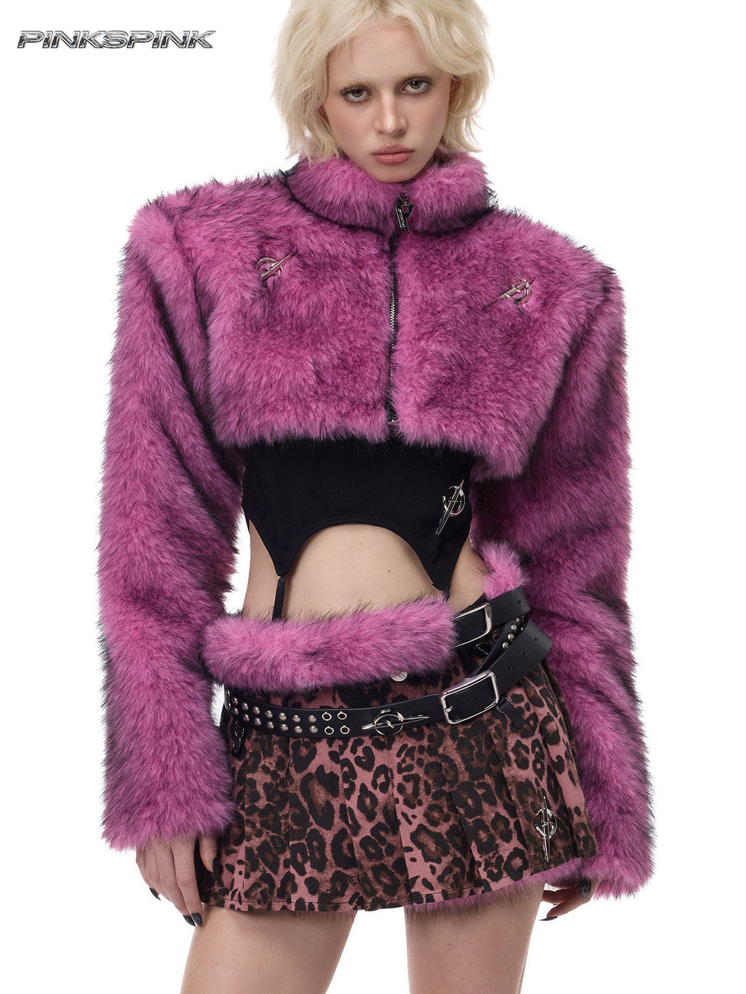 PINKSPINK PINK LEOPARD detachable faux-fur mini skirt — front modeled view showing the leopard layer with a pink jacket