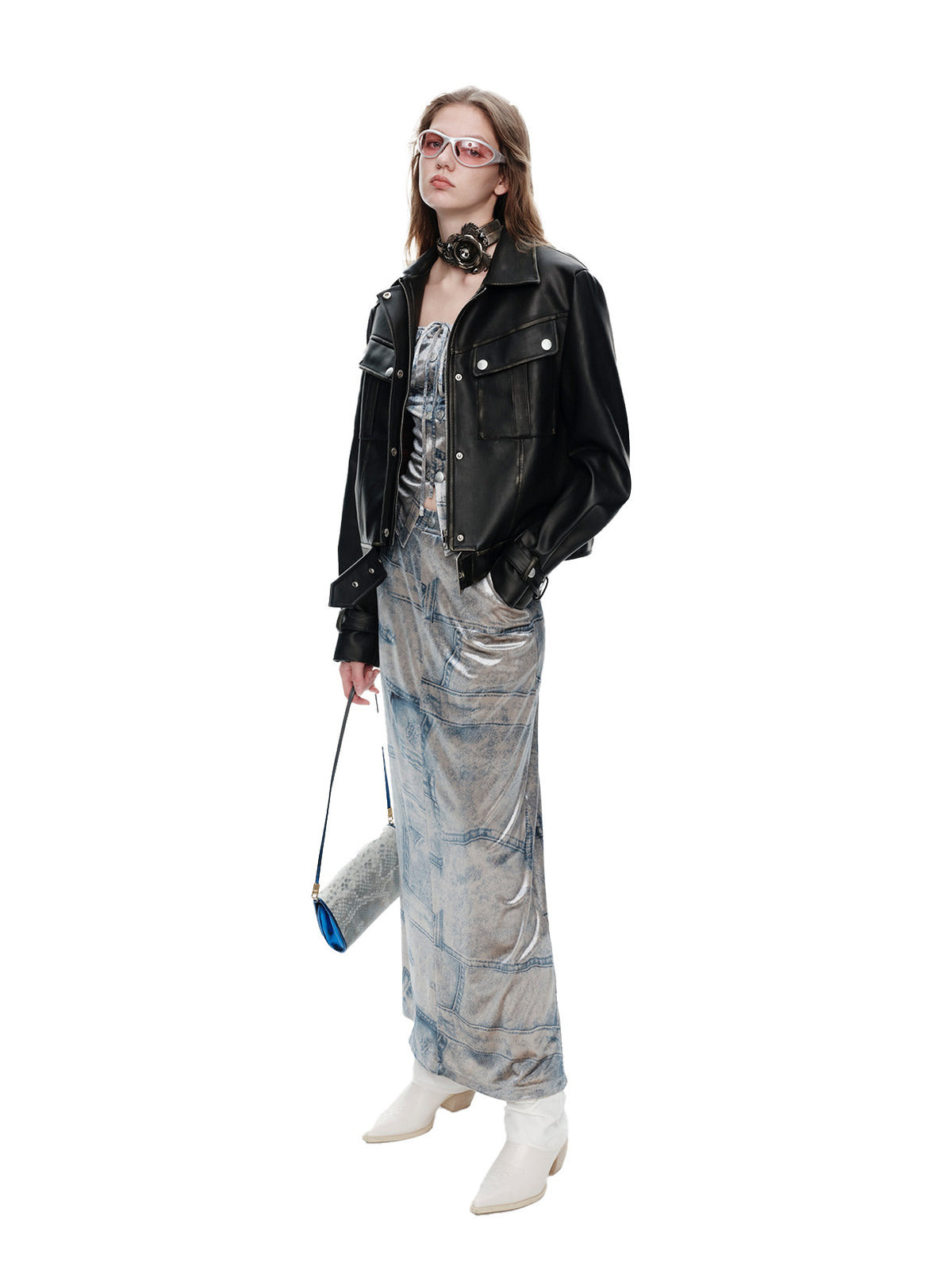 NEXT PASSPORT faux-denim velvet top and midi skirt three-quarter look