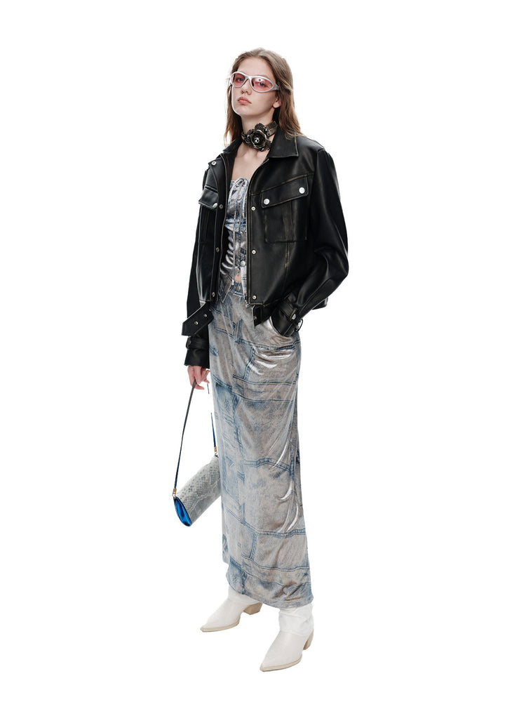 NEXT PASSPORT faux-denim velvet top and midi skirt three-quarter look