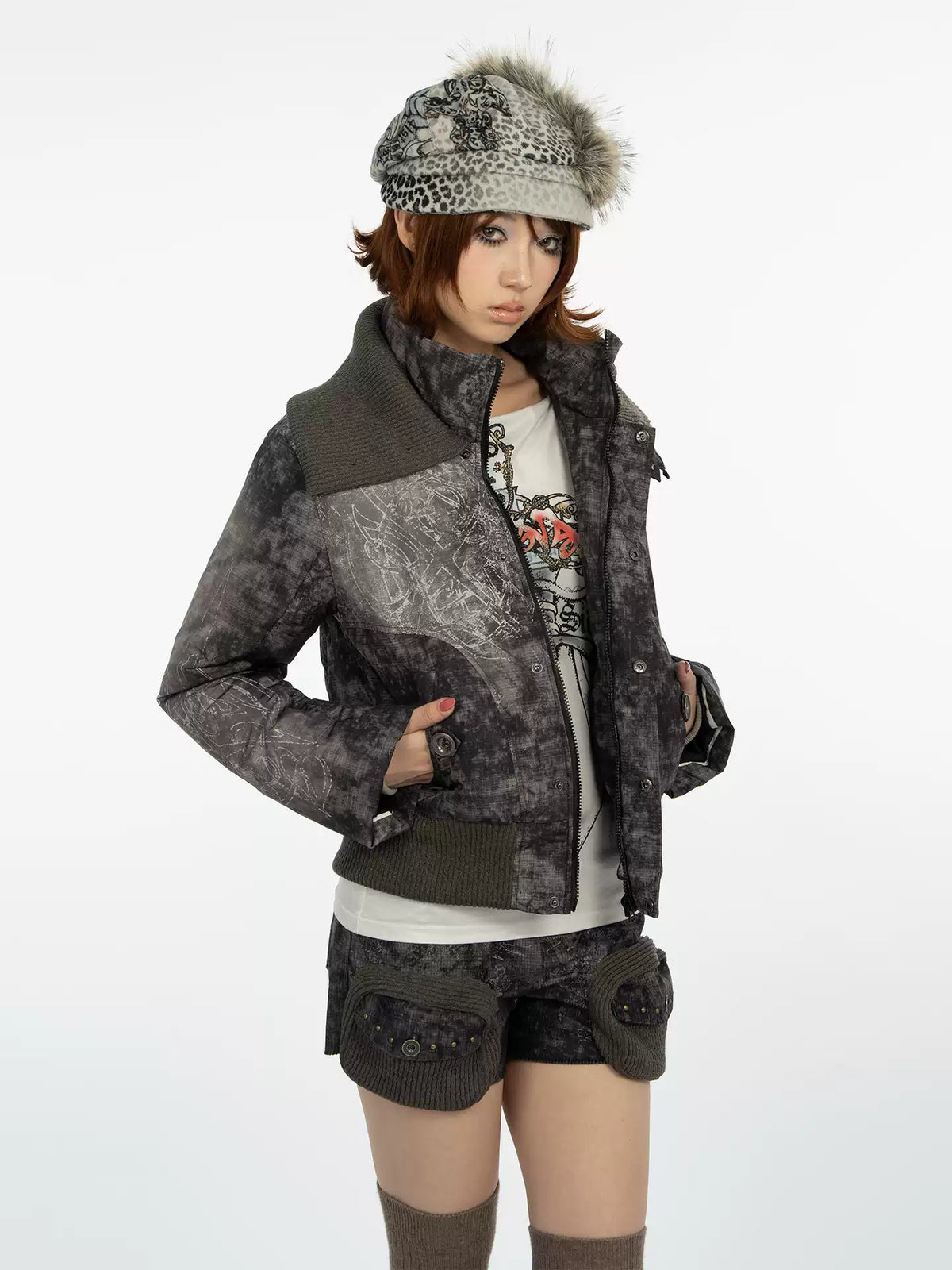 4RE1GN MYSTIC STAR knit-collar down jacket in gray multicolor — three-quarter modeled view with the jacket open