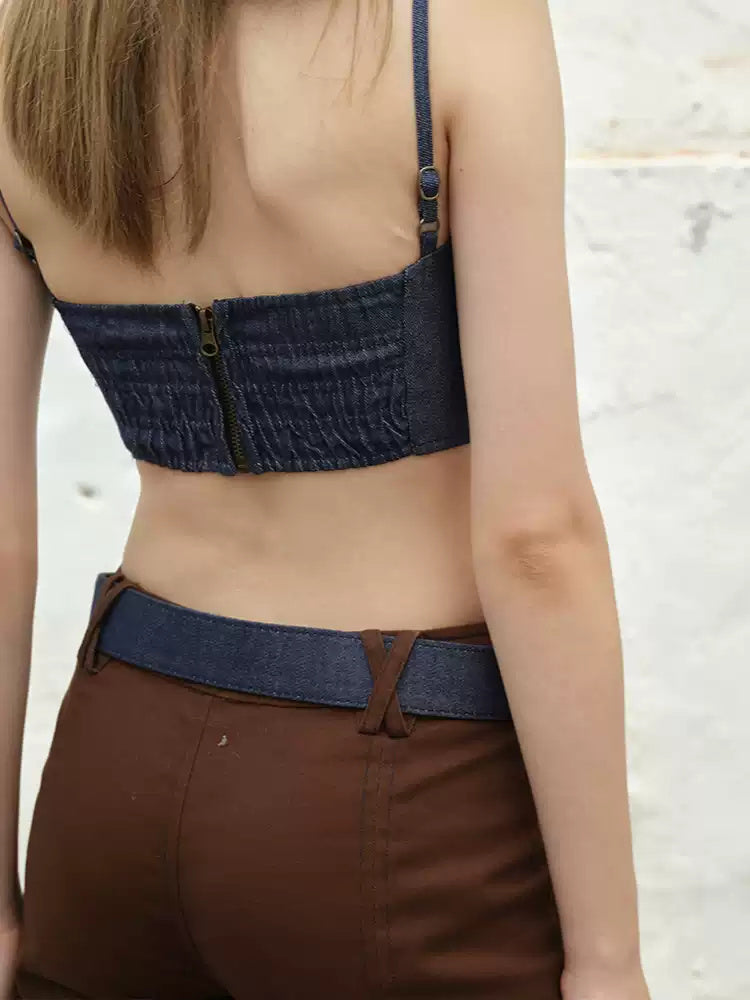 NEXT PASSPORT studded ruched denim camisole top — back zipper view