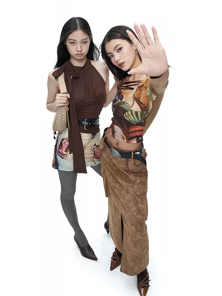 NEXT PASSPORT brown raw-edge slit denim maxi skirt styled on two models
