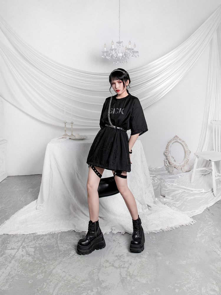 WRAVEN gathered faux-leather curb-chain belt — original full-length styling with black gathered strap and silver-tone chain.
