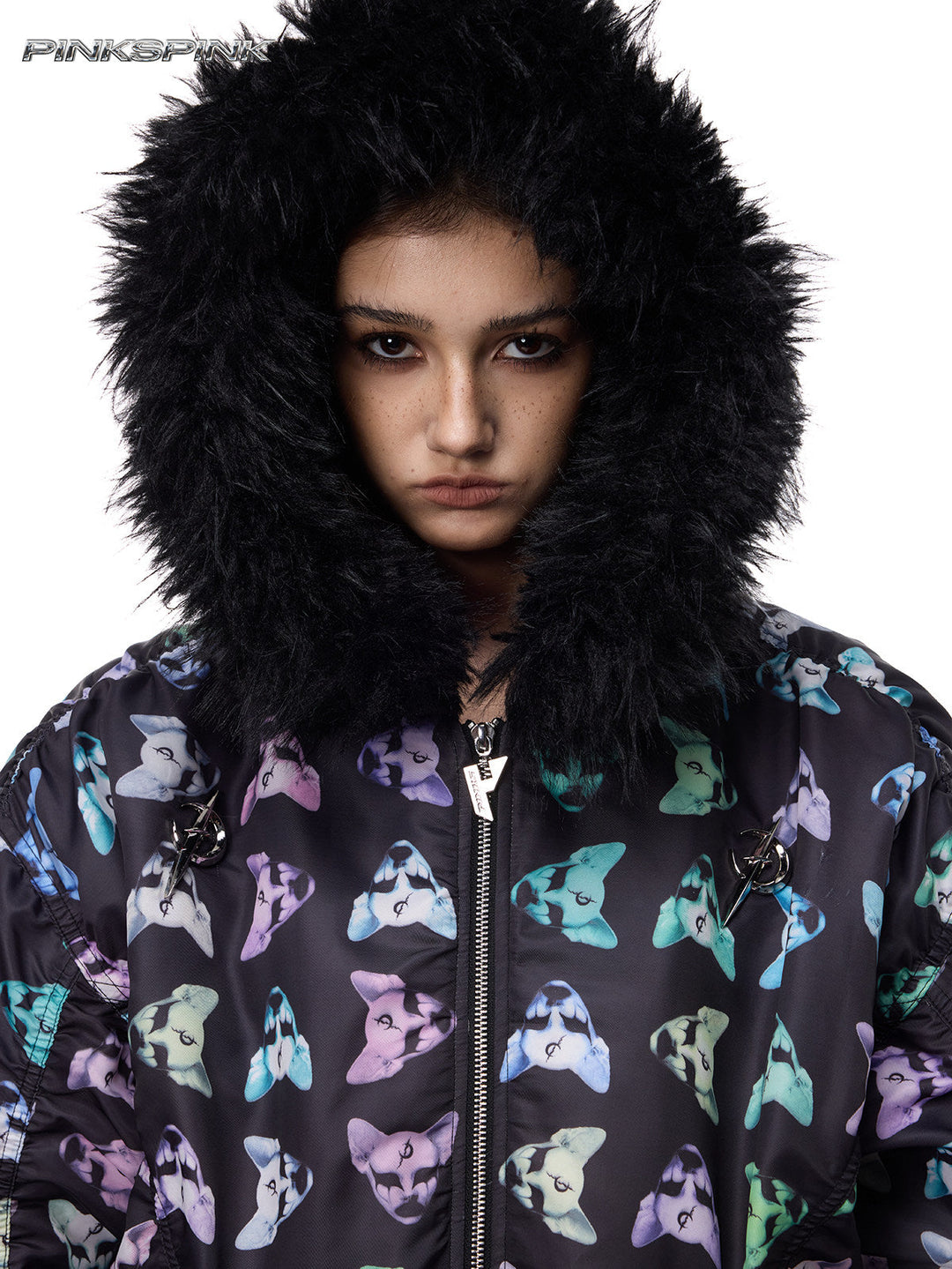 PINKSPINK CAT ALIEN faux-fur collar padded jacket — close front modeled view with the fluffy hood raised
