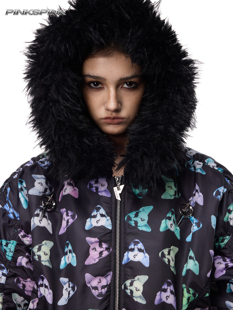 PINKSPINK CAT ALIEN faux-fur collar padded jacket — close front modeled view with the fluffy hood raised