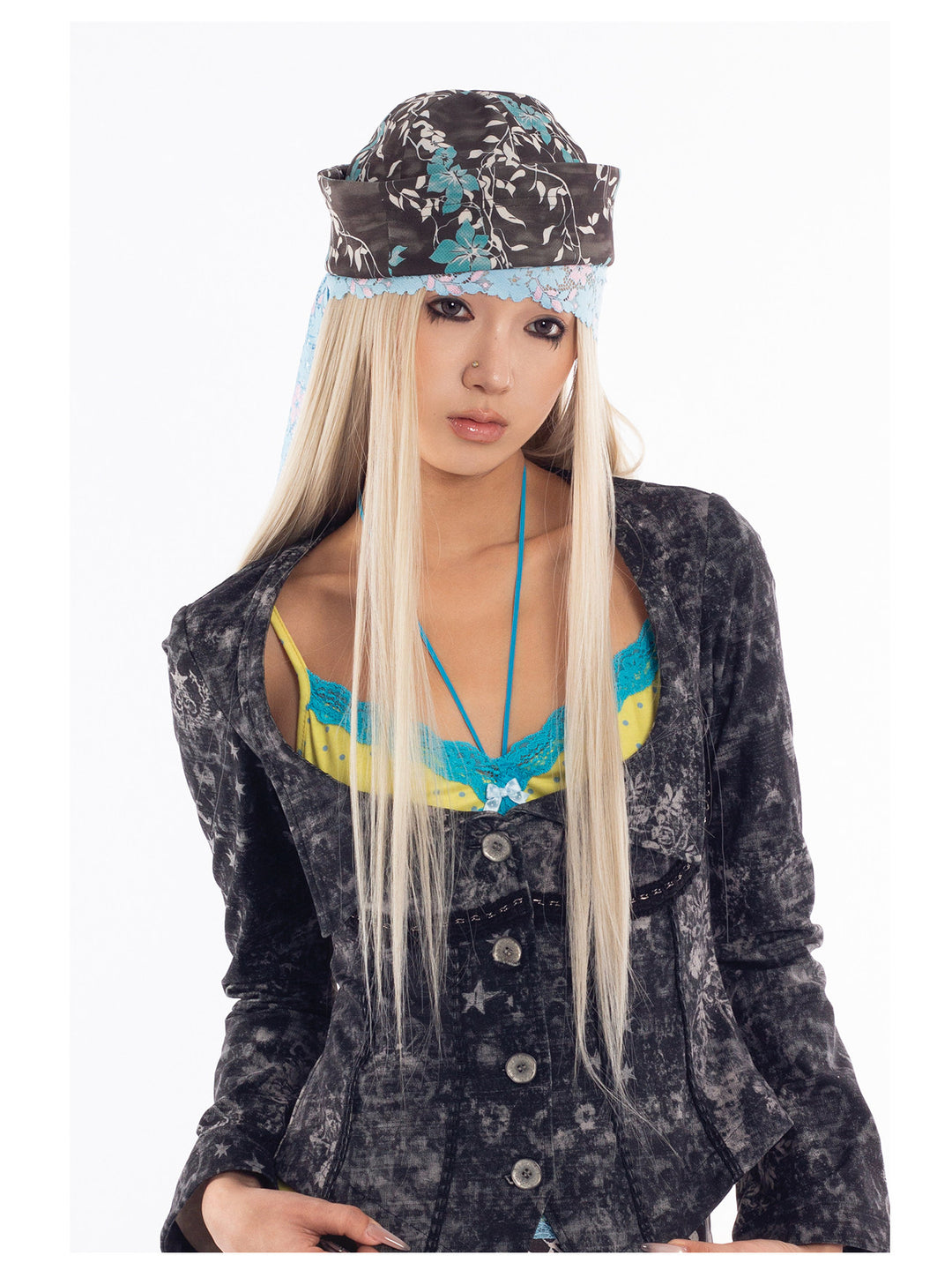 4RE1GN MYSTIC printed brimless hat — blue floral print — front modeled view styled with the MYSTIC jacket