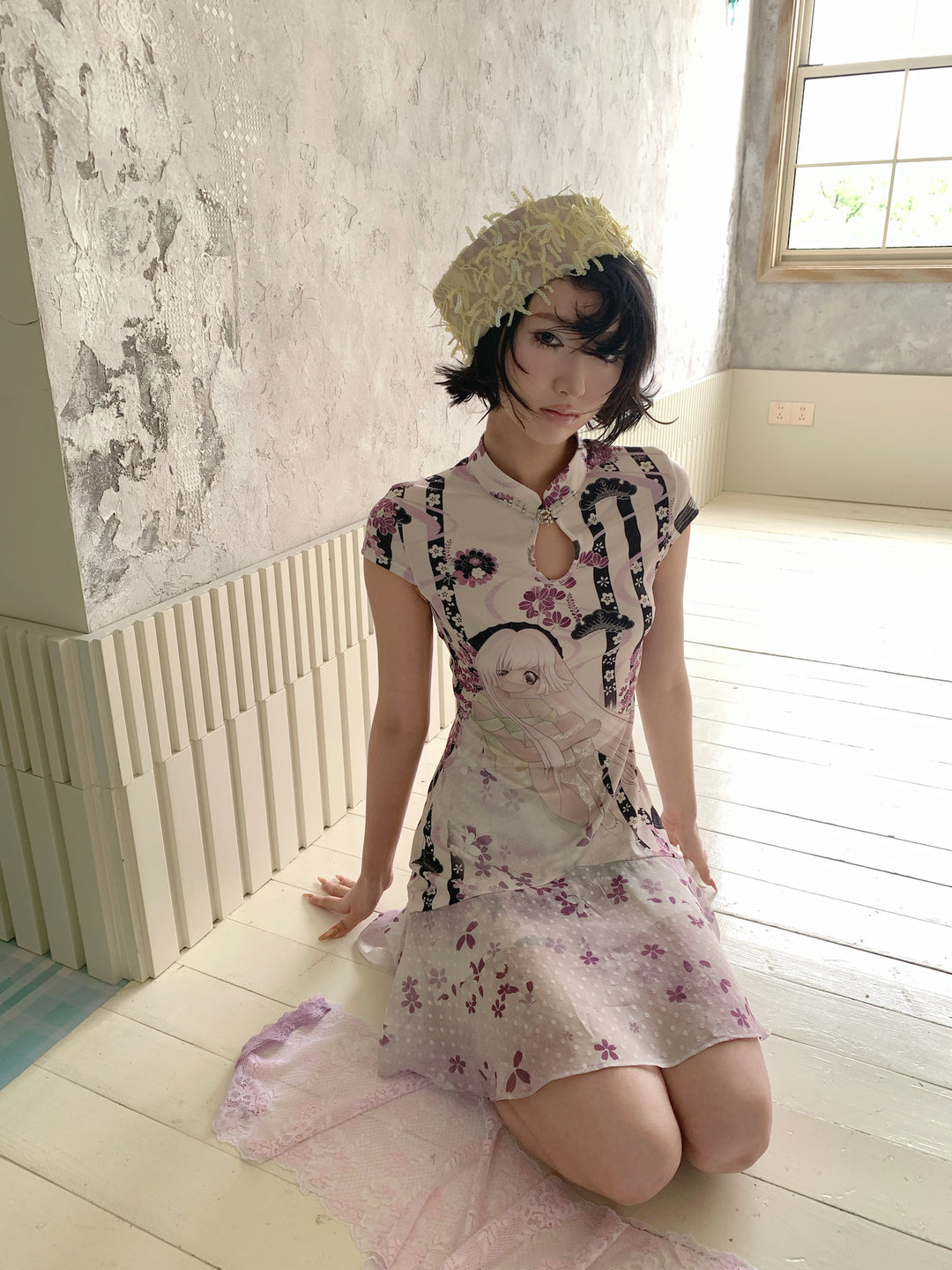 4RE1GN PURPLE MOOD mandarin-collar dress in multicolor — seated front modeled view