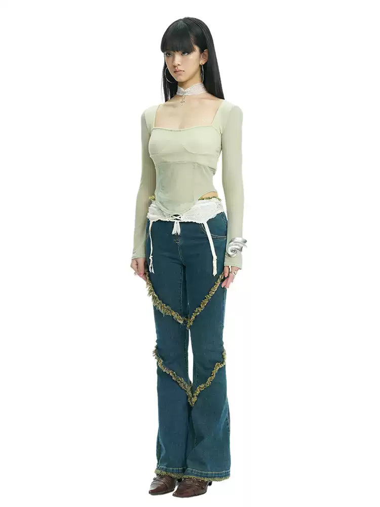 NEXT PASSPORT deep-blue frayed-hem slim flare jeans in denim blue — front-angled full-length modeled view on white.