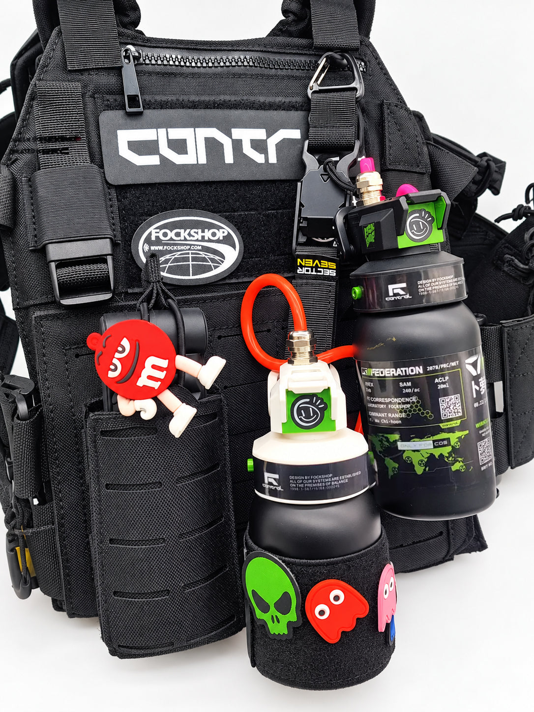 FOCKSHOP IBUPROFEN illuminated canister prop — close view of canisters mounted on a utility bag